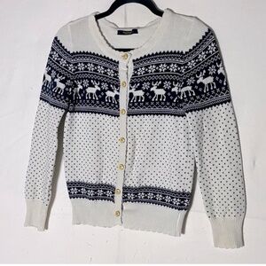 Maxmid Cream Navy Jacquard Moose Print Fair Isle Button Up Knit Cardigan S